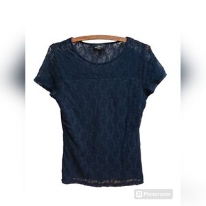 Gina Benotti Blouse Womens Size S Navy Lace Short Sleeve Sheer Lightweight